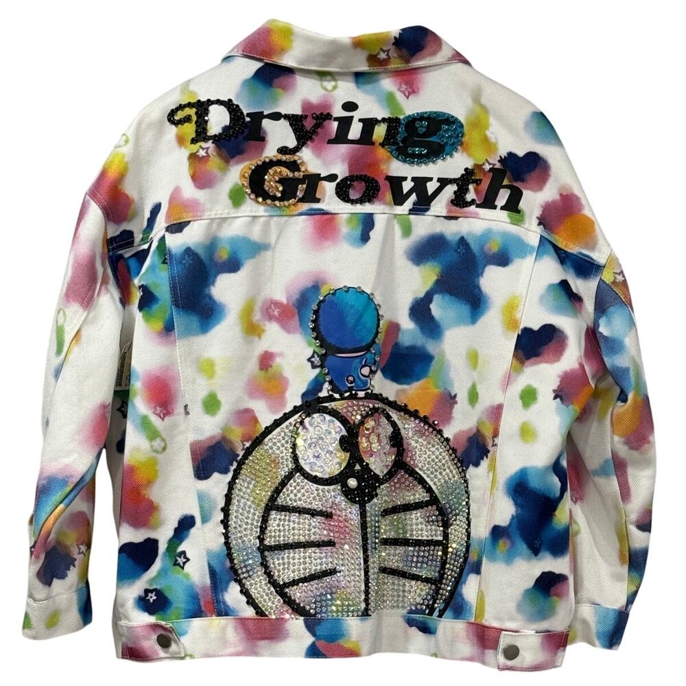 HANDMADE Doraemon Anime Rhinestone Jacket OOAK Upcycled Streetwear 2X Kawaii Art